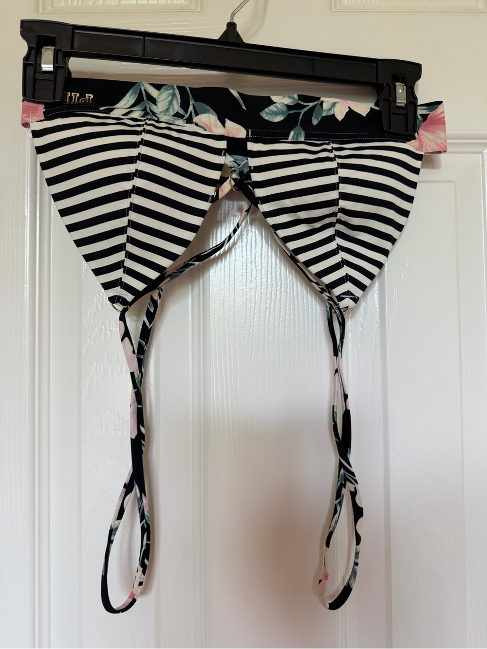 PINK Victoria's Secret Black & White Striped Bikini Top with Floral Trim